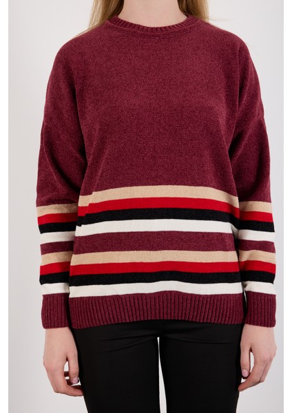 Kadın Bordo Çizgili Bisiklet Yaka Şönil Kadife Triko Kazak indirimleri