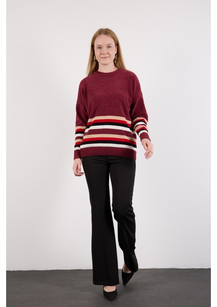 Kadın Bordo Çizgili Bisiklet Yaka Şönil Kadife Triko Kazak