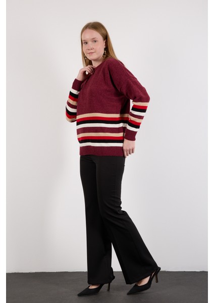 Kadın Bordo Çizgili Bisiklet Yaka Şönil Kadife Triko Kazak