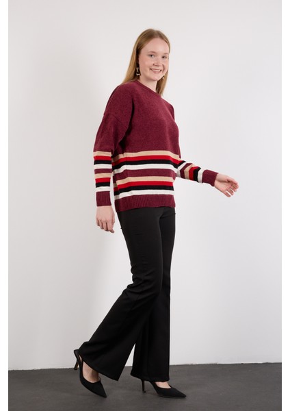Kadın Bordo Çizgili Bisiklet Yaka Şönil Kadife Triko Kazak