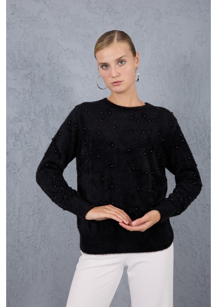 Kadın Siyah Sakal Iplik Inci Detaylı Bisiklet Yaka Triko Kazak