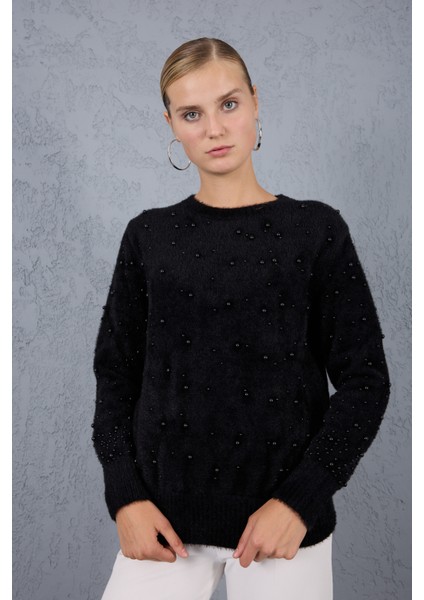 Kadın Siyah Sakal Iplik Inci Detaylı Bisiklet Yaka Triko Kazak fiyatları