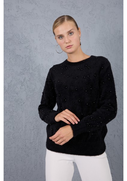 Kadın Siyah Sakal Iplik Inci Detaylı Bisiklet Yaka Triko Kazak fırsatları