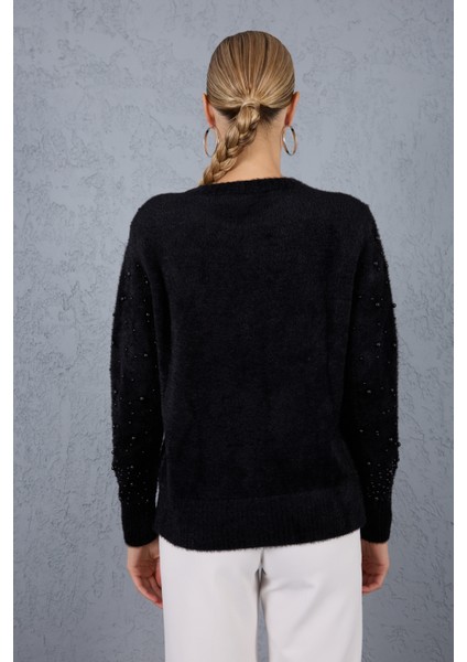 Kadın Siyah Sakal Iplik Inci Detaylı Bisiklet Yaka Triko Kazak indirimleri