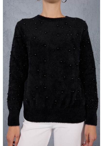 Kadın Siyah Sakal Iplik Inci Detaylı Bisiklet Yaka Triko Kazak