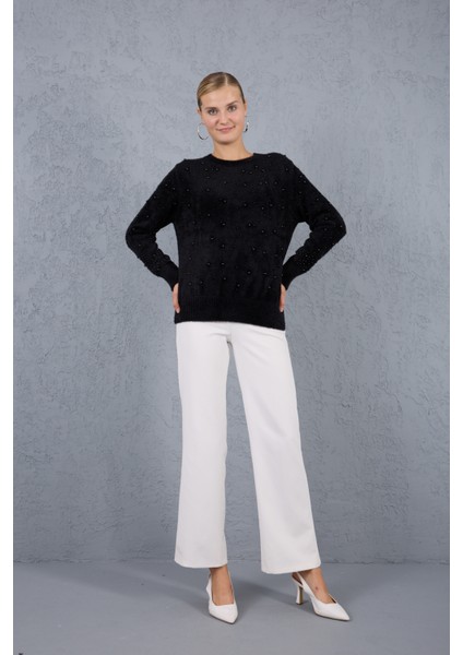 Kadın Siyah Sakal Iplik Inci Detaylı Bisiklet Yaka Triko Kazak