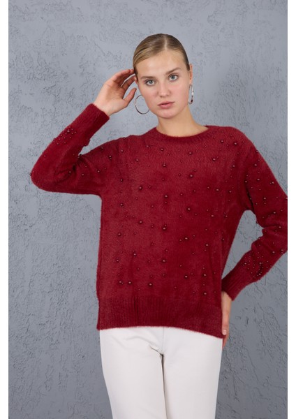 Kadın Bordo Sakal Iplik Inci Detaylı Bisiklet Yaka Triko Kazak