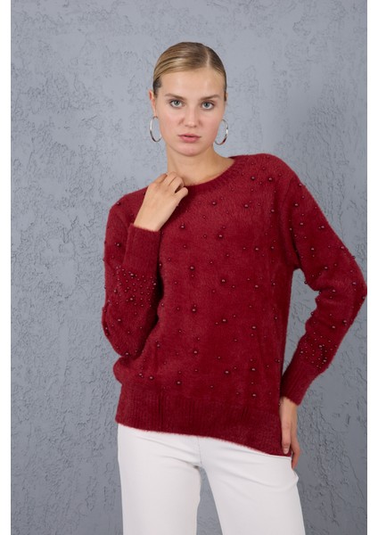 Kadın Bordo Sakal Iplik Inci Detaylı Bisiklet Yaka Triko Kazak fiyatları