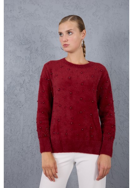 Kadın Bordo Sakal Iplik Inci Detaylı Bisiklet Yaka Triko Kazak modelleri