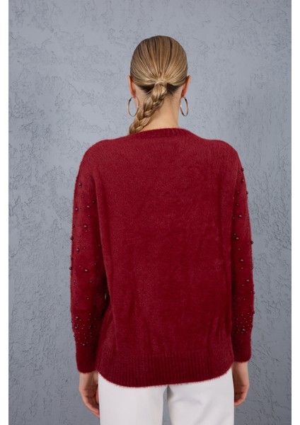 Kadın Bordo Sakal Iplik Inci Detaylı Bisiklet Yaka Triko Kazak fırsatları