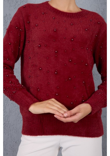 Kadın Bordo Sakal Iplik Inci Detaylı Bisiklet Yaka Triko Kazak indirimleri