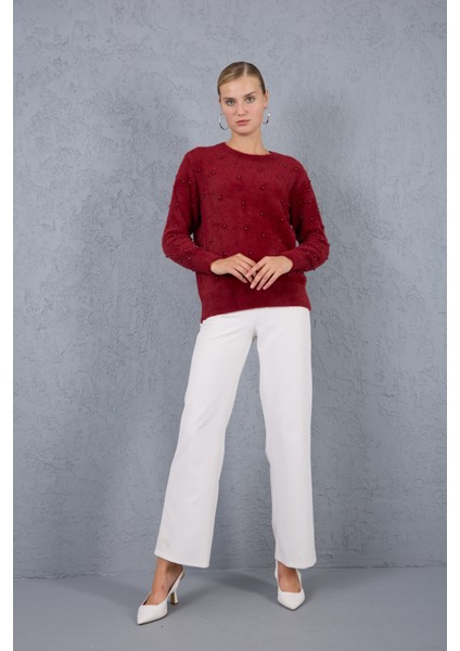 Kadın Bordo Sakal Iplik Inci Detaylı Bisiklet Yaka Triko Kazak