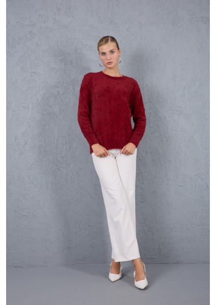 Kadın Bordo Sakal Iplik Inci Detaylı Bisiklet Yaka Triko Kazak