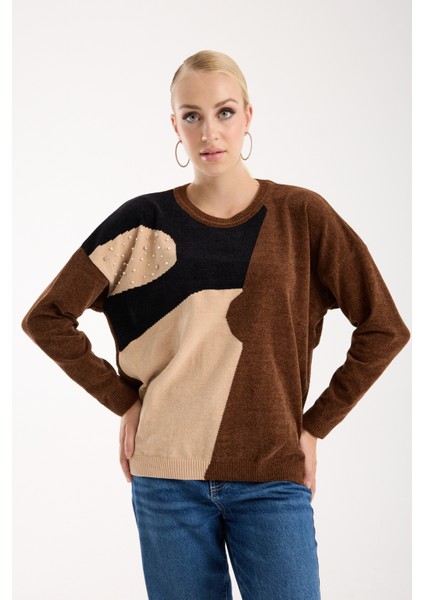 Kadın Kahve Şönil Kadife Renk Bloklu Taş Detaylı Bisiklet Yaka Triko Kazak