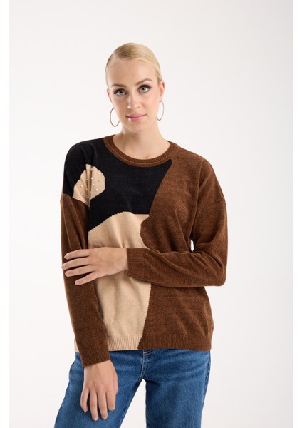 Kadın Kahve Şönil Kadife Renk Bloklu Taş Detaylı Bisiklet Yaka Triko Kazak fiyatları