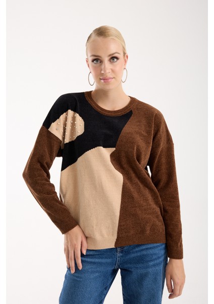 Kadın Kahve Şönil Kadife Renk Bloklu Taş Detaylı Bisiklet Yaka Triko Kazak modelleri