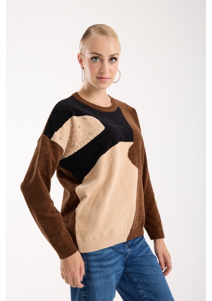 Kadın Kahve Şönil Kadife Renk Bloklu Taş Detaylı Bisiklet Yaka Triko Kazak indirimleri