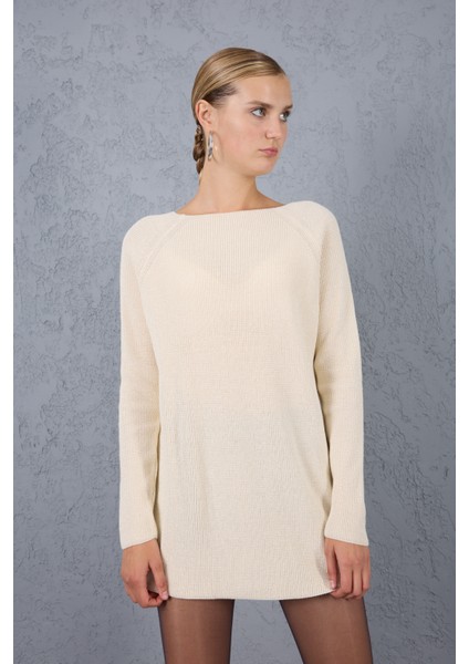 Kadın Ekru Reglan Kollu Kayık Yaka Simli Triko Kazak fiyatları