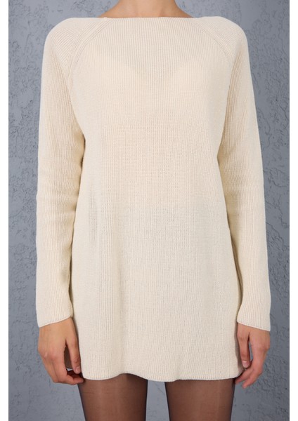 Kadın Ekru Reglan Kollu Kayık Yaka Simli Triko Kazak fırsatları