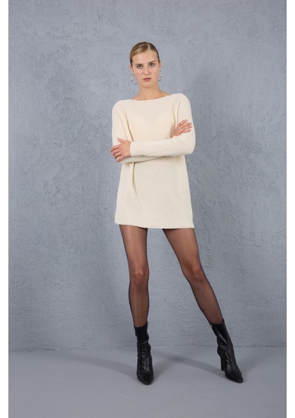 Kadın Ekru Reglan Kollu Kayık Yaka Simli Triko Kazak