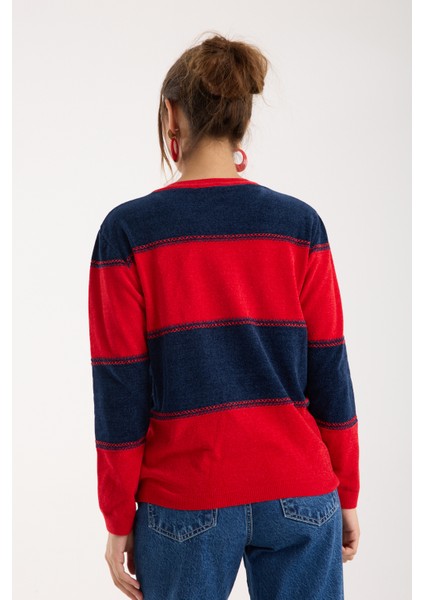 Kadın Kırmızı-Laci Iki Renkli Çapraz Kontrast Dikiş Detaylı Şönil Kadife Triko Bluz indirimleri