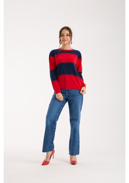 Kadın Kırmızı-Laci Iki Renkli Çapraz Kontrast Dikiş Detaylı Şönil Kadife Triko Bluz