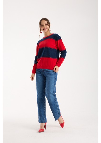Kadın Kırmızı-Laci Iki Renkli Çapraz Kontrast Dikiş Detaylı Şönil Kadife Triko Bluz