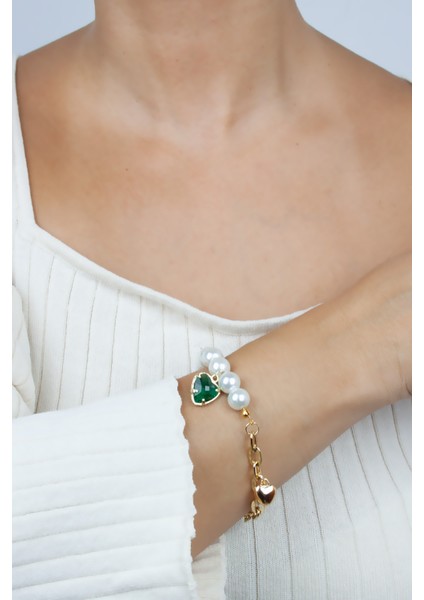 Kalp Figür Cam Inci Gold Zincir Bileklik