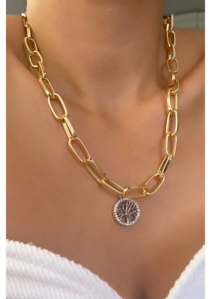 Yaçam Ağacı Uçlu Gold Zincir Kolye