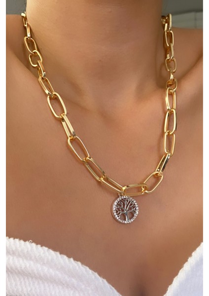 Yaçam Ağacı Uçlu Gold Zincir Kolye modelleri