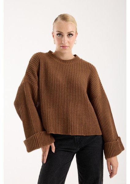 Kadın Taba Selanik Örgü Bisiklet Yaka Simli Oversize Triko Kazak