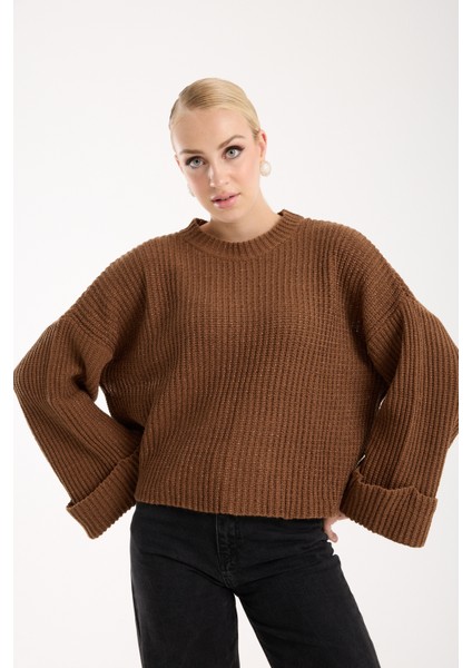 Kadın Taba Selanik Örgü Bisiklet Yaka Simli Oversize Triko Kazak fiyatları