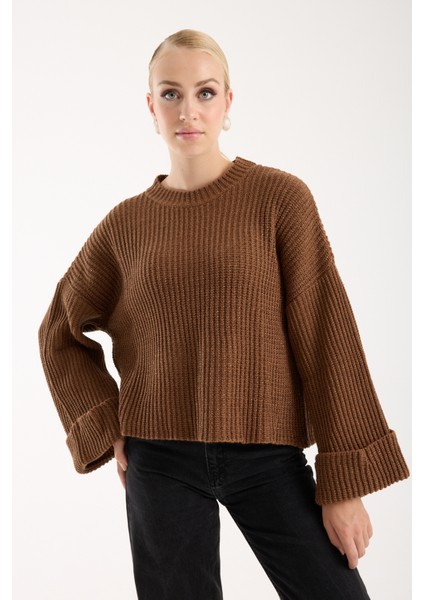 Kadın Taba Selanik Örgü Bisiklet Yaka Simli Oversize Triko Kazak fırsatları