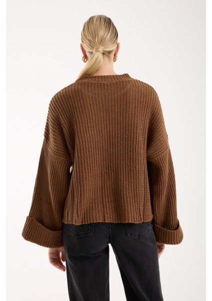 Kadın Taba Selanik Örgü Bisiklet Yaka Simli Oversize Triko Kazak indirimleri