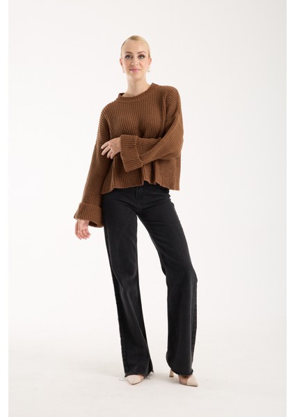 Kadın Taba Selanik Örgü Bisiklet Yaka Simli Oversize Triko Kazak