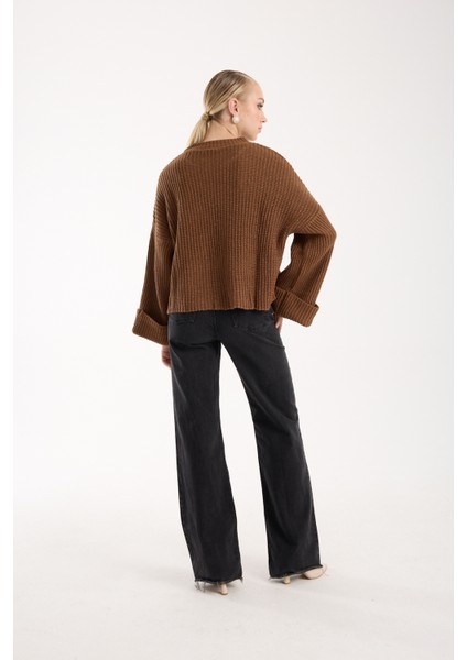 Kadın Taba Selanik Örgü Bisiklet Yaka Simli Oversize Triko Kazak