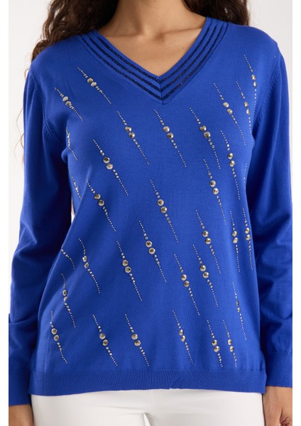 Kadın Saks Mavisi Elit Viskon Kumaş Taş Detaylı Sim Biyeli Yan Yırtmaçlı V Yaka Triko Bluz modelleri