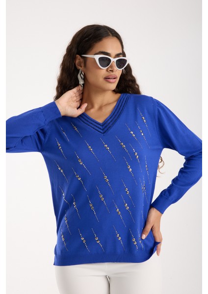 Kadın Saks Mavisi Elit Viskon Kumaş Taş Detaylı Sim Biyeli Yan Yırtmaçlı V Yaka Triko Bluz fırsatları