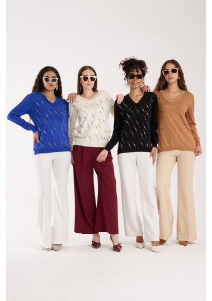 Kadın Saks Mavisi Elit Viskon Kumaş Taş Detaylı Sim Biyeli Yan Yırtmaçlı V Yaka Triko Bluz