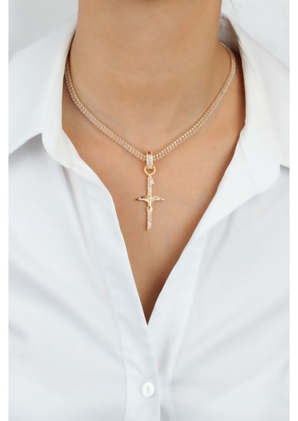 Baget Zirkon Taşlı Melek Kanatlı Gold Uçlu Kolye