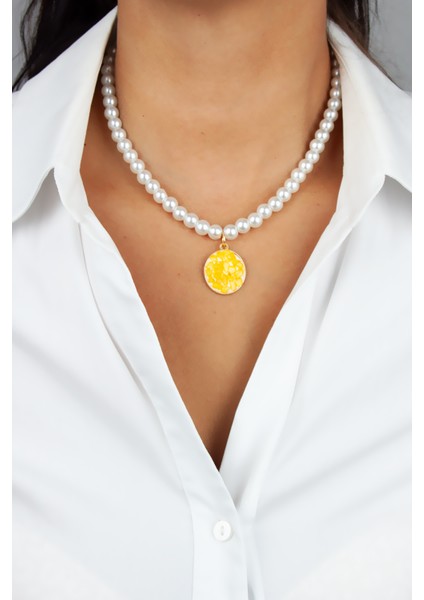 Sarı Akik Doğaltaş Uçlu Cam Inci Kolye