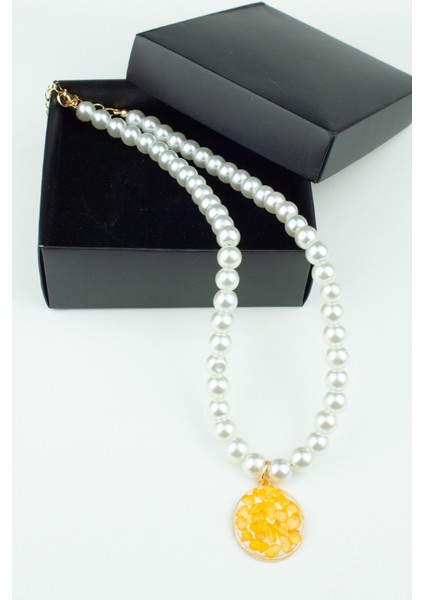 Sarı Akik Doğaltaş Uçlu Cam Inci Kolye indirimleri