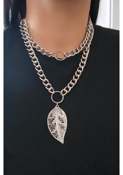 Çift Sıralı Yaprak Uçlu Gümüş Renk Kolye