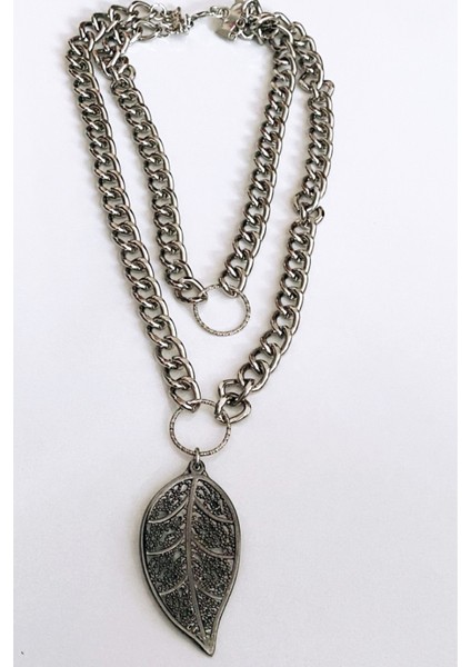 Çift Sıralı Yaprak Uçlu Gümüş Renk Kolye fiyatları