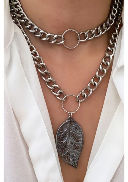Çift Sıralı Yaprak Uçlu Gümüş Renk Kolye modelleri