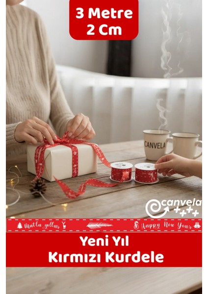 Yılbaşı Temalı Hediye Paketleme Kurdelesi Yeni Yıl Mutlu Yıllar Noel Baba Paket Süsleme Kurdelesi