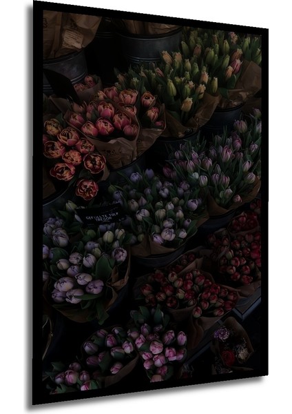 Renkli Lale Buketleri Ahşap Dekoratif Tablo Yağlı Boya Görünümlü Sanat Eseri Dikdörtgen Tablo
