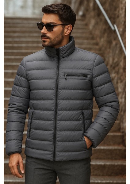 Erkek Kışlık Basic Dik Yaka Fermuarlı Füme Şişme Mont