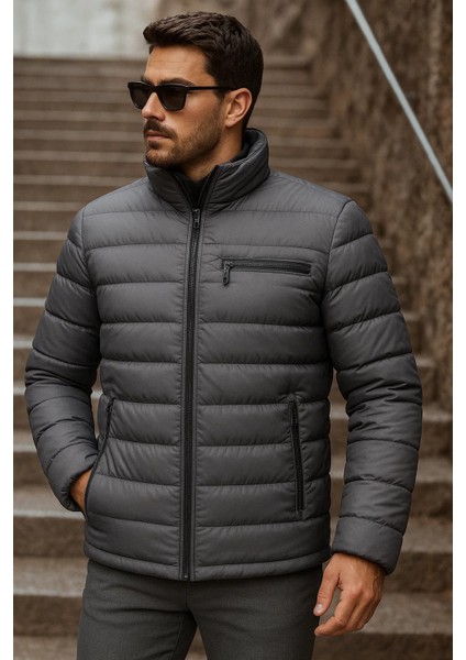 Erkek Kışlık Basic Dik Yaka Fermuarlı Füme Şişme Mont fiyatları