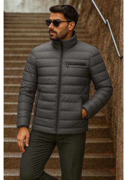 Erkek Kışlık Basic Dik Yaka Fermuarlı Füme Şişme Mont modelleri